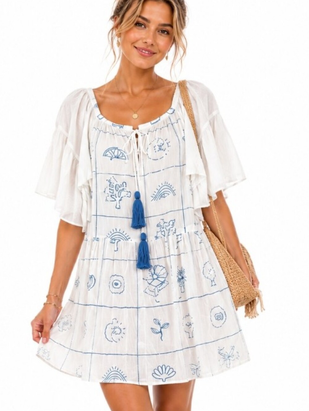 POL White Blue Embroidered Boho Midi Dress Medium Cottagecore